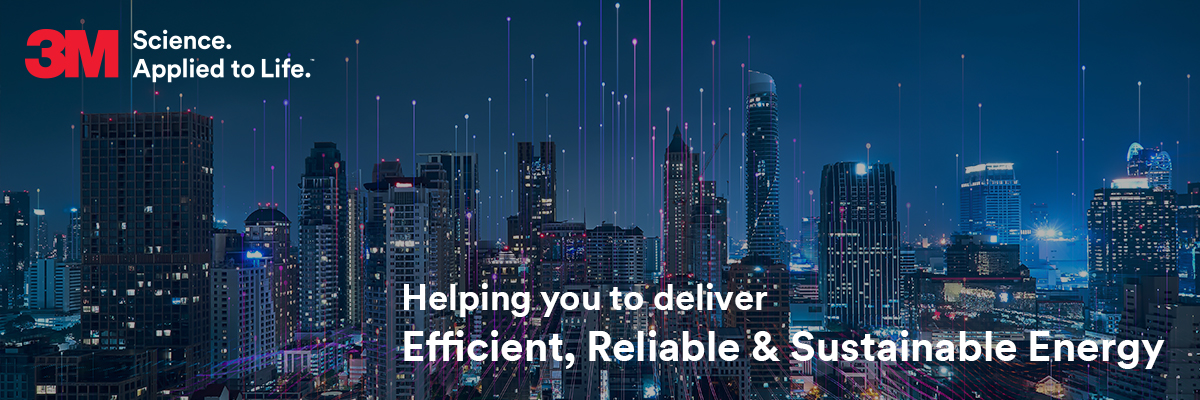 3M banner showing a modern city skyline with digital energy lines and the message ‘Helping you deliver efficient, reliable and sustainable energy.