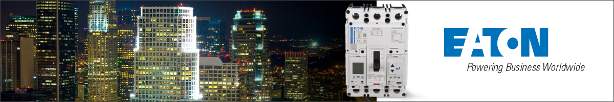 Eaton promotional banner for Power Defense molded case circuit breakers featuring a night-time city skyline and a Frame 2 MCCB.